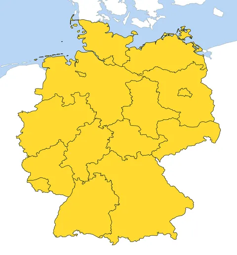 Stilisierte Umrisskarte Deutschlands mit eingezeichneten Grenzen der 16 Bundesländer.